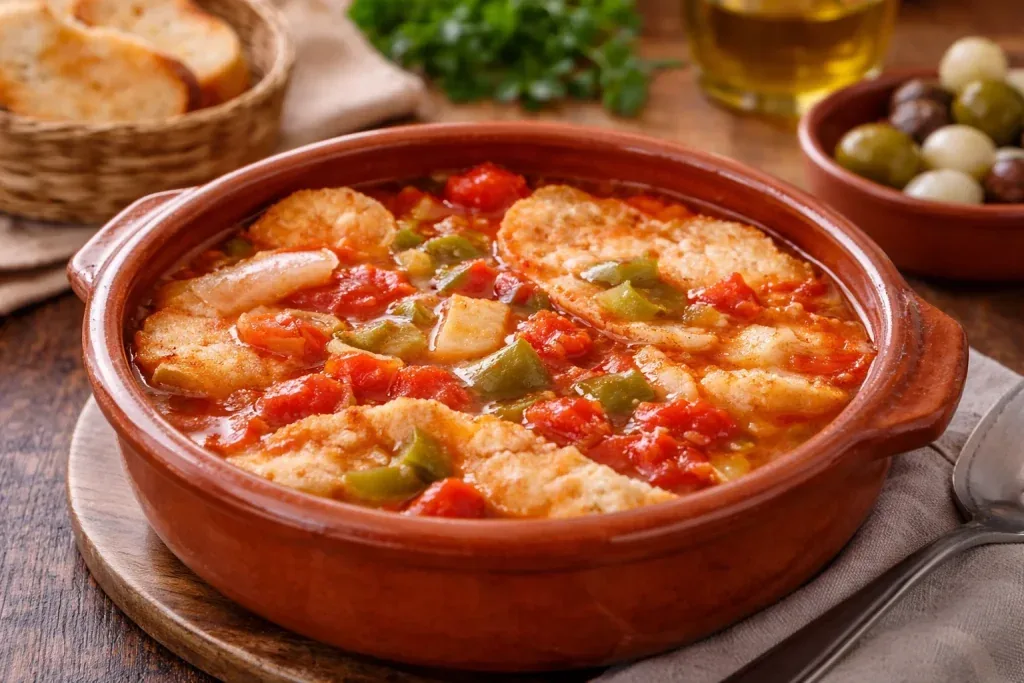 Oliaigua menorquina, sopa tradicional de tomate y pan de la cocina de payés